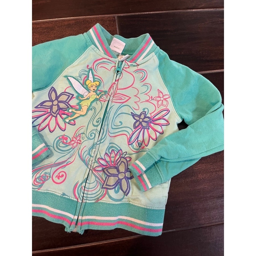 Disney Fairies Tinker Bell Girls Teal Green Zip Up Varsity Jacket Sweatshirt 4